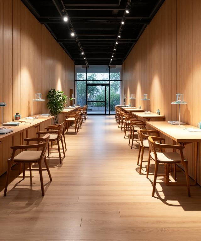 倉敷木材のショールーム内部。様々なチェアやデスクが展示されている。